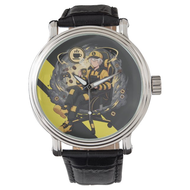 Reloj De Pulsera Coffee Gamer Anime Boy Yellow Aesthetic Art (Anverso)