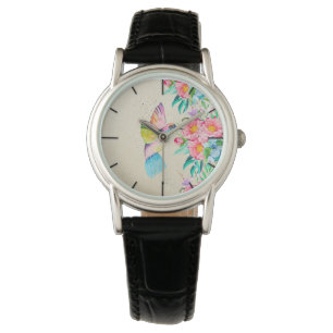 Reloj De Pulsera Colibrí acuarela capilar y flores