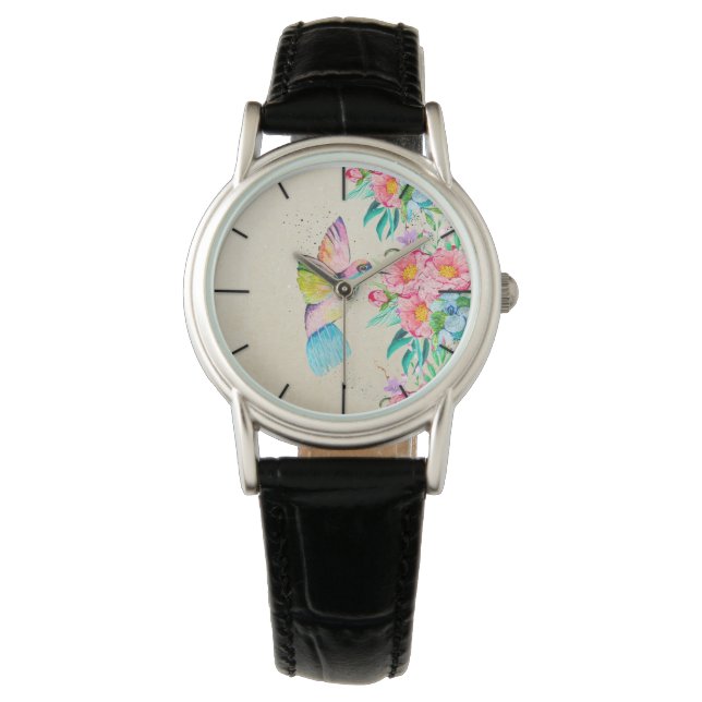 Reloj De Pulsera Colibrí acuarela capilar y flores (Anverso)