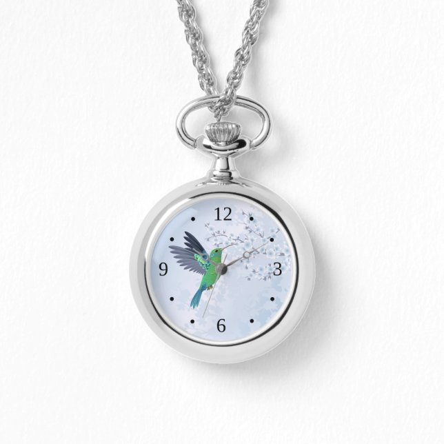 Reloj De Pulsera Colibrí Verde Con Flor De Cerezo Azul (Anverso)