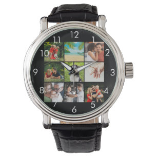 Reloj De Pulsera Collage de 9 fotos familiares personalizadas negro