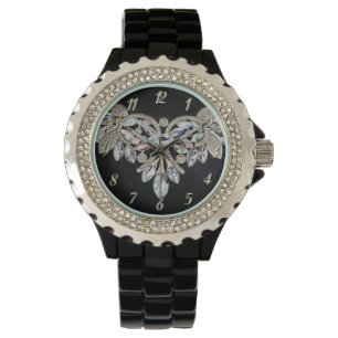 Reloj De Pulsera Collar de diamantes negro plateado elegante