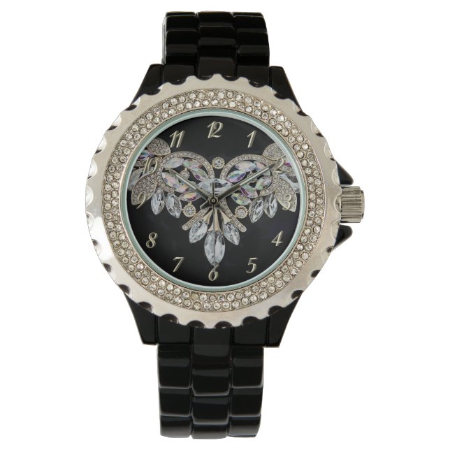Reloj De Pulsera Collar de diamantes negro plateado elegante (Anverso)