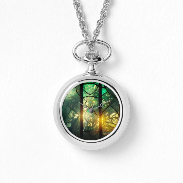 Reloj De Pulsera Collar plateado de la selva de vidrio verde mancha (Anverso)