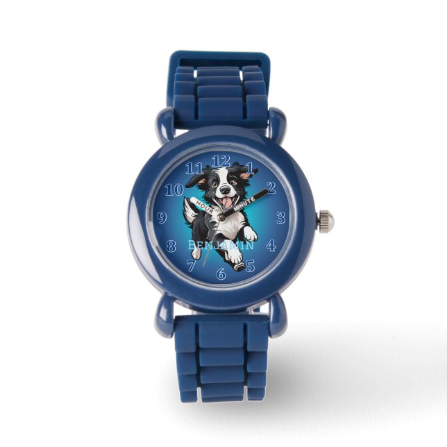 Reloj De Pulsera Collie feliz feliz feliz negro en azul (Anverso)