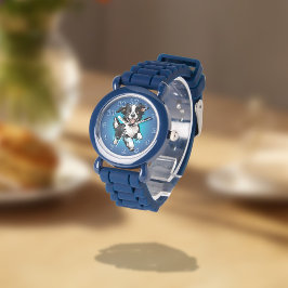 Reloj De Pulsera Collie Negro Feliz Juguetón sobre Azul