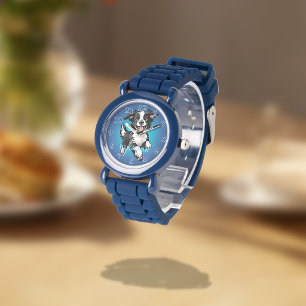 Reloj De Pulsera Collie Negro Feliz Juguetón sobre Azul
