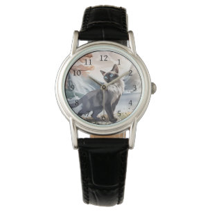 Reloj De Pulsera Color de agua Negro y blanco Fluffy Cat en la Natu