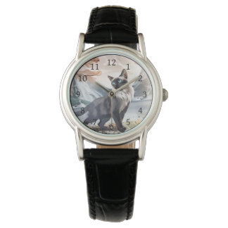Reloj De Pulsera Color de agua Negro y blanco Fluffy Cat en la Natu