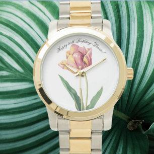 Reloj De Pulsera Color de color rosa y tulipán amarillo personaliza