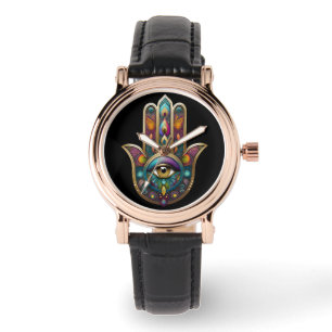 Reloj De Pulsera Colores de pavo real Hamsa con tercer ojo dorado