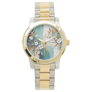 Reloj De Pulsera Coloridas hojas Floral Resumen Verde azulado Arroz