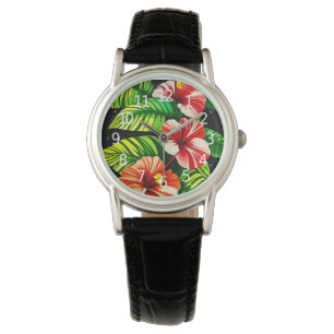 Reloj De Pulsera Coloridas hojas tropicales y flores hibiscus  