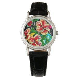 Reloj De Pulsera Coloridas hojas tropicales y flores hibiscus  