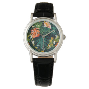 Reloj De Pulsera Coloridas hojas tropicales y flores hibiscus