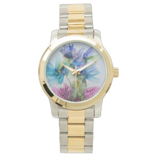 Reloj De Pulsera Colorido Azul Púrpura Rosa Verde Floral Art