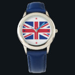 Reloj de pulsera colorido de Union Jack<br><div class="desc">Qué reloj tan fantástico que ponerte cuando estás fuera y fuera. El reloj tiene la bandera de la Unión al otro lado del frente y una correa azul. El reloj puede ser personalizado: estilos (hombres, mujeres, niños), colores, correas, texto, etc. ¡Este es un gran regalo para un amante del Reino...</div>