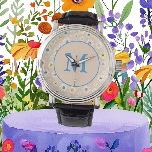 Reloj De Pulsera Colorido Monograma Sonriente Daisy personalizado (Colourful Monogram Smiling Daisy personalised Watch)