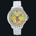 Reloj De Pulsera Colorido patrón de fruta divertida<br><div class="desc">Patrón de fruta brillante que incluye manzanas,  kiwis,  melocotones,  sandías,  limas,  limones y naranjas. | © y ® Bigstock® - Todos los derechos reservados.</div>
