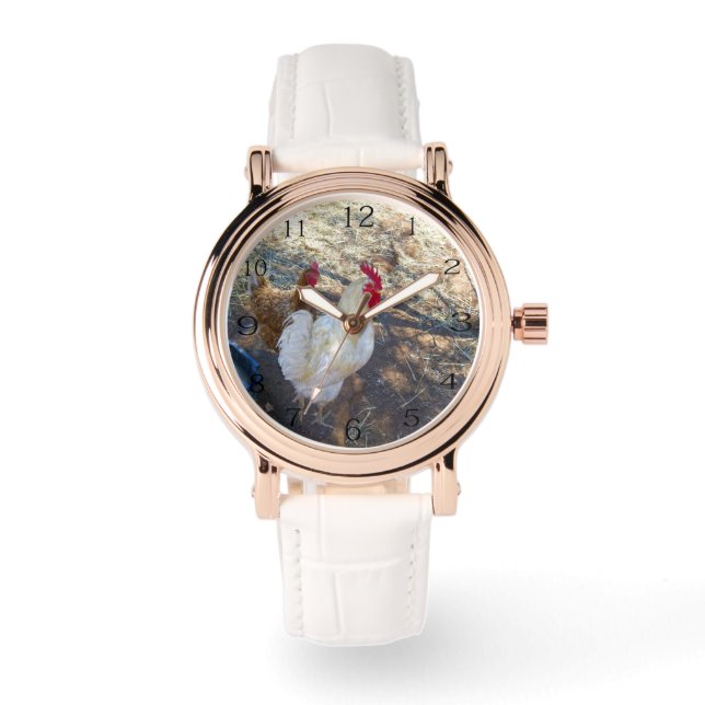 Reloj De Pulsera Compañeros de plumas: gallo blanco y su gallina (Anverso)