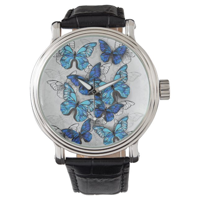 Reloj De Pulsera Composición de mariposas blancas y azules (Anverso)