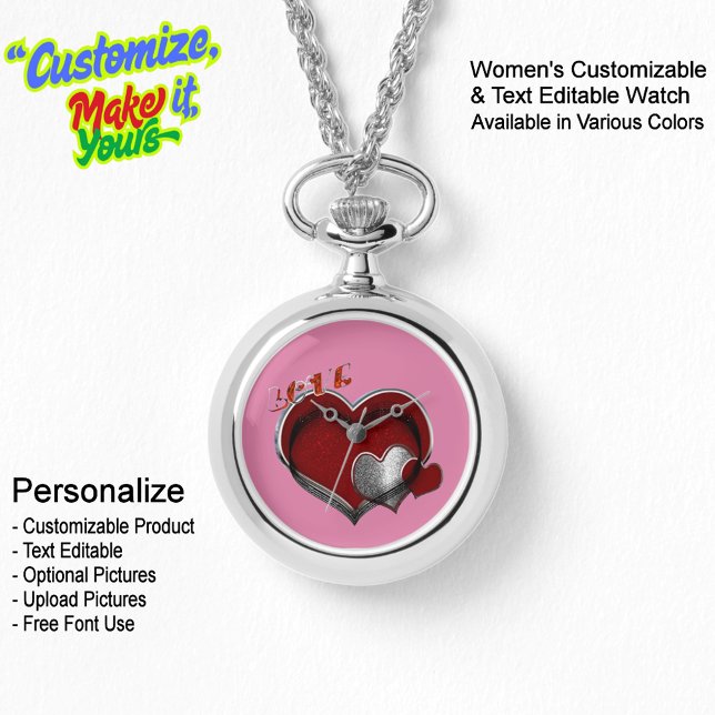 Reloj de pulsera con collar de plata Magic Heart C (Women's Heart Magic Silver Necklace Watch Featuring a Pink Face.)