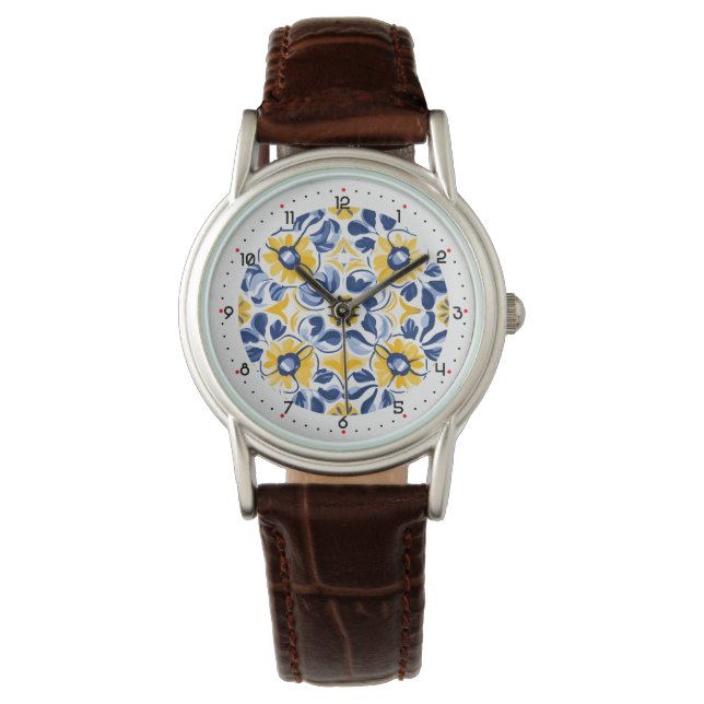 Reloj De Pulsera Con dígitos hermosa Floral azulejo (Anverso)