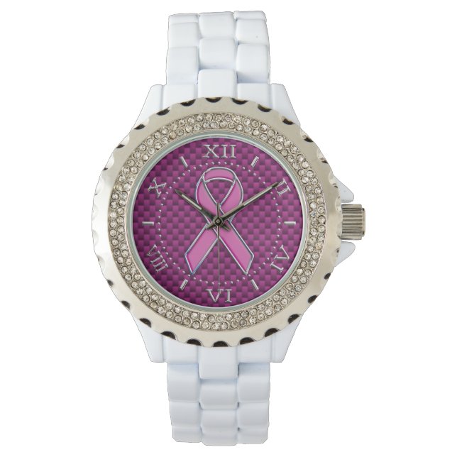Reloj De Pulsera Conciencia de cinta rosa Fuchsia Estilo de carbono (Anverso)