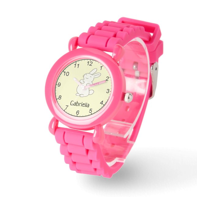 Reloj De Pulsera Conejito blanco lindo nombre personalizado amarill (Ángulo)