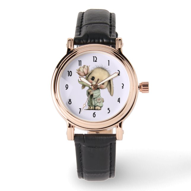 Reloj De Pulsera Conejito Lindo Sosteniendo un Tulipán (Anverso)