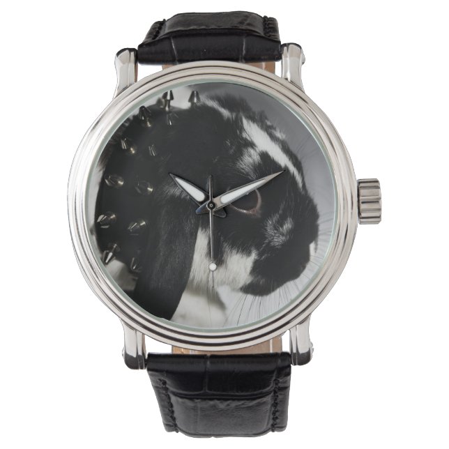 Reloj De Pulsera Conejo negro y blanco con collar disecado (Anverso)