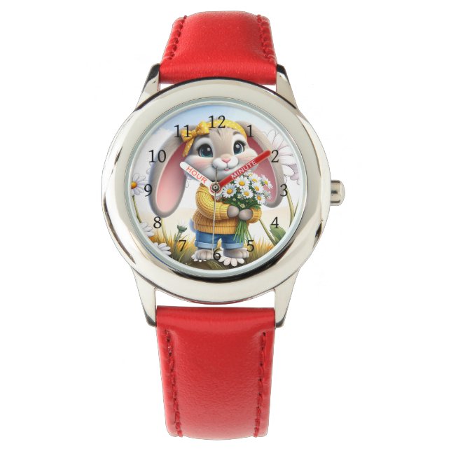 Reloj De Pulsera Conejo orejas rosadas margaritas blancas (Anverso)