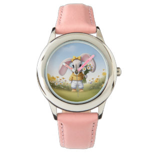 Reloj De Pulsera Conejo sosteniendo ramo de margaritas blancas