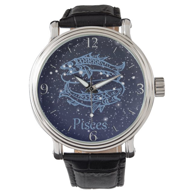 Reloj De Pulsera Constelación Pisces y Rótulo Zodiaco con Estrellas (Anverso)