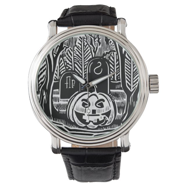 Reloj De Pulsera Cool Black White Halloween Pumpkin Cemetery Art (Anverso)