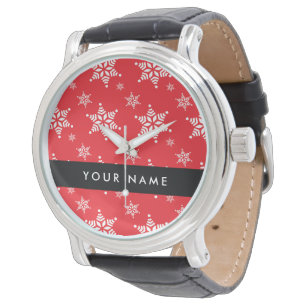 Reloj De Pulsera Copia de Copos de nieve blancos, Rojo, Tu nombre, 