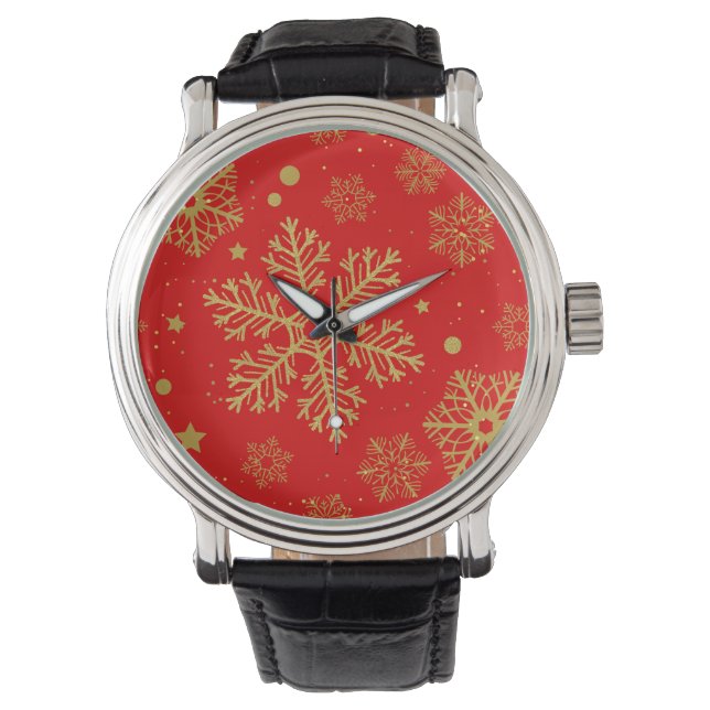 Reloj De Pulsera Copos de nieve dorados en rojo (Anverso)