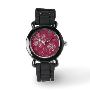Reloj De Pulsera Copos de nieve plateados en rojo oscuro