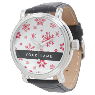 Reloj De Pulsera Copos de nieve rojos, tu nombre, personaliza