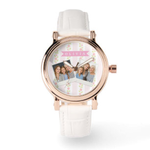 Reloj De Pulsera Coqueta femenina rosa personalizada con flores a r