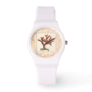 Reloj De Pulsera Coral rojo con la frontera de Shell de la concha