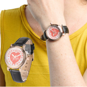 Reloj De Pulsera Corazón coralino de la acuarela del monograma