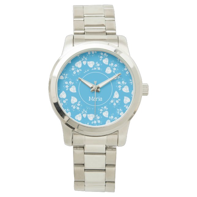 Reloj De Pulsera Corazón de flores azul (Anverso)