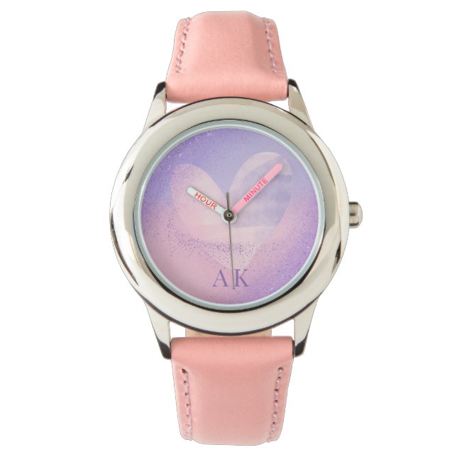 Reloj De Pulsera Corazón de gradiente rosado morado monograma (Anverso)