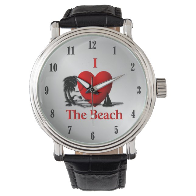 Reloj De Pulsera Corazón de la playa plateada con números negros (Anverso)