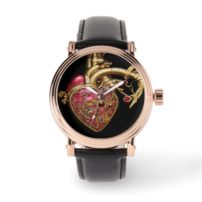 Reloj De Pulsera Corazón de Steampunk Rubíes y Engranajes Anatómico (Anverso)