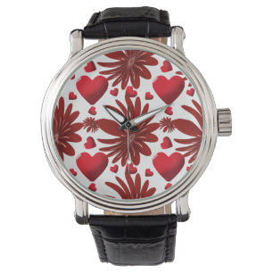 Reloj De Pulsera Corazón Floral Rojo Patrón Estético Flor Romántica