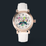 Reloj De Pulsera Corazón lindo con flores tropicales personalizado<br><div class="desc">Un reloj personalizado. Personalizar con tu nombre en texto curvo dentro de una cinta azul-verde sobre un corazón encantador lleno de flores y hojas en colores rosa, verde y amarillo. El fondo es un patrón descolorido con círculos en rosa claro y blanco. Diseño suntuoso y caprichoso con un toque vintage....</div>