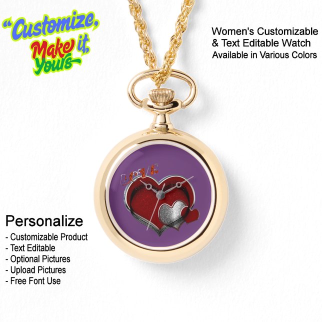 Reloj De Pulsera Corazón Magic Gold Necklace Watch Purple Face (Women's Heart Magic Gold Necklace Watch Featuring a Purple Face.)