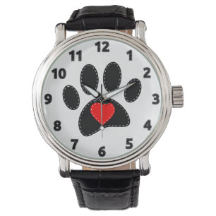 Reloj De Pulsera Corazón rojo de la garra negra de perro adorno